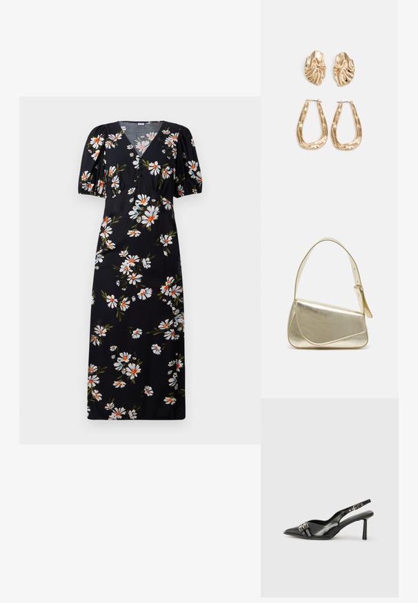 Black midi dress with white and orange daisy print, V-neck, puff short sleeves, and button detail on the chest.; Black patent leather slingback shoe with pointed toe, ankle straps featuring silver buckles and hardware, and a slender heel.; Gold metallic handbag with a structured design, smooth texture, and adjustable strap. Features a unique triangular shape and minimalist stitching.; Gold-tone earrings featuring textured, wavy shapes. Includes sculptural clip-on studs and open hoop design with a hammered finish.