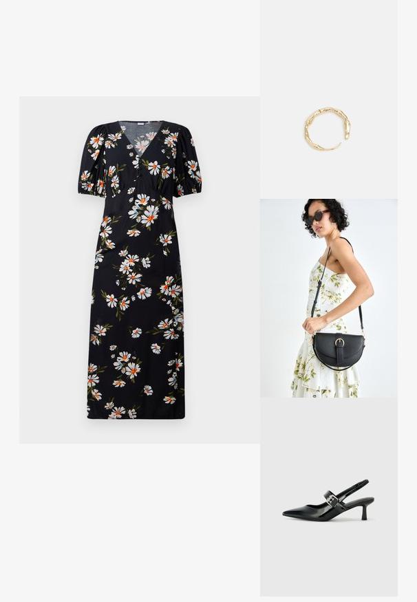 Abito lungo nero con maniche a sbuffo, caratterizzato da un motivo floreale in bianco e arancione. Scollo a V con dettagli arricciati sul busto.; Décolleté neri in vernice con punta affilata e tacco a blocco piccolo, dotati di un accentuato con fibbia argentata sulla cinturino.; Borsa a tracolla nera in pelle con una forma curva, manico rimovibile e accessori dorati. La borsa presenta una patta con un dettaglio a fibbia.; Anello in tono oro con un design organico e Twisted, caratterizzato da una superficie liscia e punte affusolate, che crea un aspetto moderno e scultoreo.