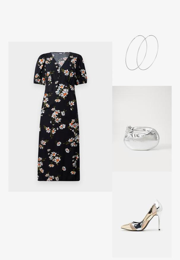 Musternig musta kleit valgete ja oranžide karikakarde printidega, V-kaelus, lühikesed puhvärviga varrukad ja nööbiga detail rinnal.; Kitsas toe kõrge kontsaga kingad, millel on hõbedane, kuldne ja nude värvilahendus. Läikiv viimistlus lõikekujundusega, stiletto konts.; Hõbedane metallikoti kott pehme, ümar kuju ja sõlme ülemise sulgemisega. Valmistatud siledast kunstnahast materjalist.; Hõbedased rõngastikkaehingad minimalistlikus disainis. Ümar kuju, sile tekstuur ja õhuke profiil. Kerged ning poleeritud viimistlusega.