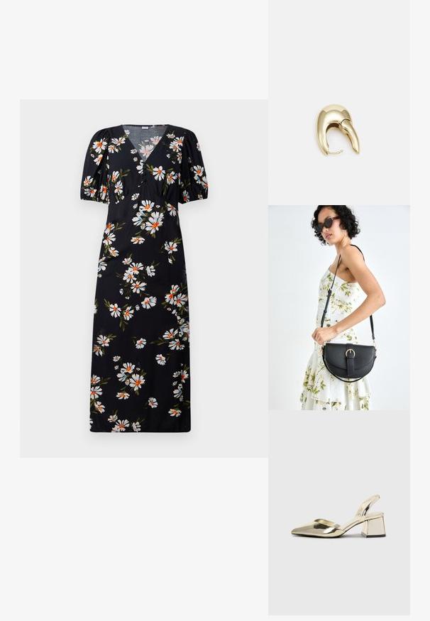 Čierne midi šaty s bielou a oranžovou potlačou margarét, s výstrihom do V, nadýchanými krátkymi rukávmi a gombíkovým detailom na hrudníku.; Zlaté kovové lodičky na podpätku so špicatou špičkou a robustným podpätkom. Hladký povrch, minimalistický dizajn a úzka remienok.; Čierna kožená kabelka s zaobleným tvarom, odnímateľným popruhom a zlatými doplnkami. Kabelka má klopu s detailom s prackou.; Náušnice z kovu v zlatej farbe s elegantným, zakriveným dizajnom. Majú charakteristický špicatý tvar, leštený povrch a uzáver na pánt.