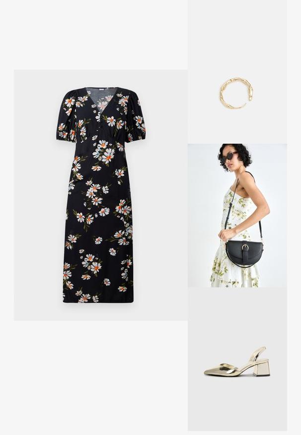 Svart midiklänning med vit och orange prästkrageprint, V-ringning, puffärmar och knapprad vid bröstet.; Guld, metalliska slingback-klackar med spetsig tå och chunky klack. Slät textur, minimalistisk design och en smal rem.; Svart läderhandväska med en böjd form, avtagbar rem och guldiga detaljer. Väskan har ett lock med en spänndetalj.; Ring i guldutförande med en organisk, vriden design, slät yta och avsmalnande ändar, vilket ger ett modernt, skulpturalt utseende.