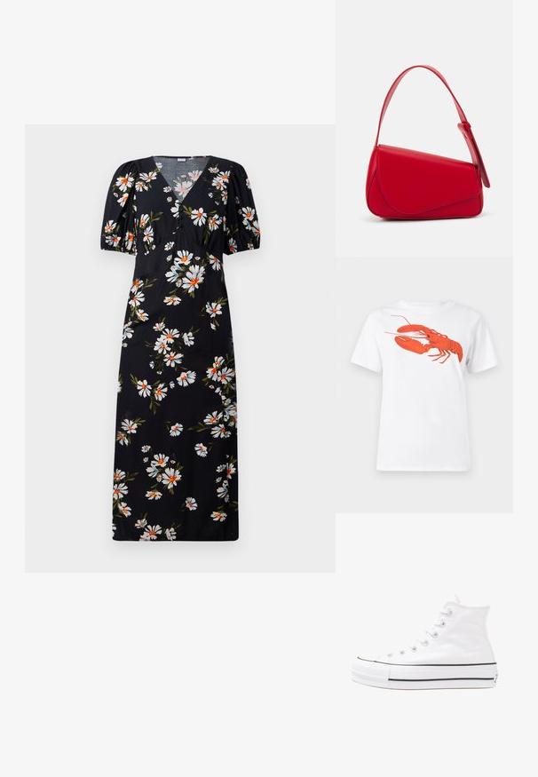 Fekete midi ruha fehér és narancssárga margaréta mintával, V-nyakkivágással, puffos rövid ujjakkal és gombos részletekkel a mellrészen.; Fehér pamut póló, amelyen elöl egy nagy, élénkpiros homár grafika látható. Rövid ujjú és standard környakú kialakítás.; Fehér magaskorsó vászon sportcipő fekete gumi talppal, elülső gumi orrnyereggel és hat fűzőlyukkal, letisztult, minimalista dizájnnal.; Piros bőr kézitáska szögletes, geometrikus kialakítással. Egy állítható pánttal és varrott részletekkel ellátott fedélzárral rendelkezik.
