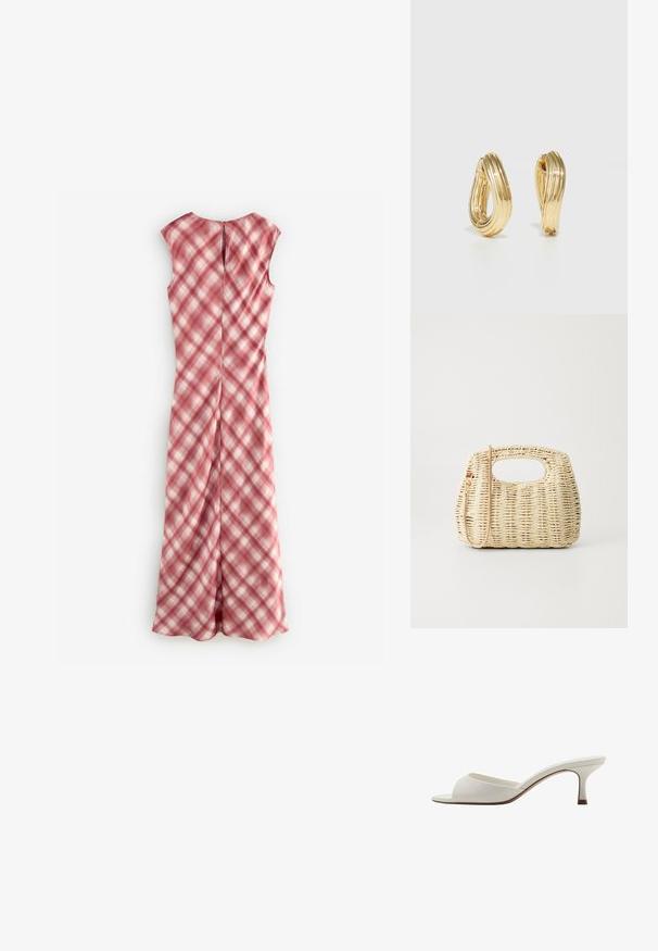 Sleeveless dress in pink with a checkered pattern, made from lightweight fabric. Features a keyhole back and a straight silhouette.; White open-toed high-heeled mules with a smooth finish, minimalist design, and a slender heel, featuring a subtle brown accent on the sole.; Woven straw handbag in light beige with a rounded body, open top, and a detachable strap. Notable texture and intricate weave pattern.; Gold-tone hoop earrings with a twisting design, featuring a ribbed texture and a smooth finish. Lightweight and hollow construction.