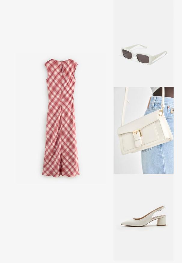 Ärmlös klänning i rosa med rutig mönstring, tillverkad av lätt tyg. Har en nyckelhål bak och en rak silhuett.; Vit läder slingback pumps med spetsig tå, medelhög blockklack och justerbar rem. Slät textur; minimalistisk design.; VOGUE Eyewear Solglasögon - full ivory/black smoke; Vit faux läderhandväska med en vikbar lock, detaljer i guldton, och en avtagbar axelrem. Har ett spänne som stängning och en slät yta.