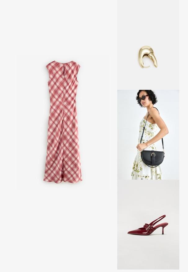 Abito senza maniche rosa con motivo a quadretti, realizzato in tessuto leggero. Presenta una schiena a chiave e una silhouette dritta.; Décolleté slingback in vernice rossa con punta affusolata, due cinturini con fibbia e un sottile tacco a stiletto di media altezza. Texture liscia.; Borsa a tracolla nera in pelle con una forma curva, manico rimovibile e accessori dorati. La borsa presenta una patta con un dettaglio a fibbia.; Orecchino in metallo color oro con un design elegante e curvo. Presenta una forma appuntita distintiva, superficie lucida e chiusura a cerniera.