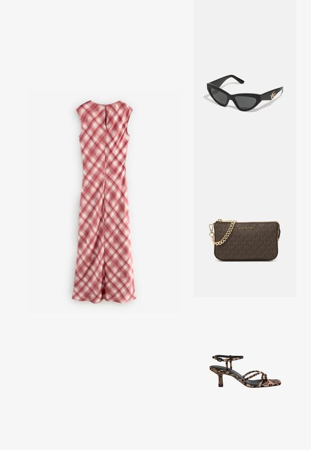 Robe sans manches en rose avec un motif à carreaux, fabriquée en tissu léger. Présente un dos avec une ouverture en forme de clé et une silhouette droite.; Sandales à talons imprimées léopard avec un bout carré, plusieurs brides et un talon de hauteur intermédiaire. Fabriquées en matériau textile doux.; Lunettes de soleil en œil de chat avec une monture en plastique noir mat, des verres foncés et un accent en or avec le logo sur la branche. Design angulaire et texture lisse.; Sac en cuir brun à bandoulière avec motif logo, bandoulière en chaîne dorée, fermeture éclair et accents de quincaillerie dorée. Forme compacte et rectangulaire.