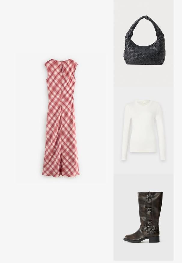 Abito senza maniche rosa con motivo a quadretti, realizzato in tessuto leggero. Presenta una schiena a chiave e una silhouette dritta.; T-shirt bianco a maniche lunghe realizzato in tessuto morbido, con scollo rotondo e silhouette aderente. Design minimalista senza motivi o dettagli.; Stivali alti in pelle marrone con multiple fibbie, punta rotonda e tacco basso e chunky. Presentano una finitura testurizzata e cinturini regolabili.; Borsa a spalla intrecciata in pelle nera con manico rotondo e corpo a forma di mezzaluna su sfondo semplice.