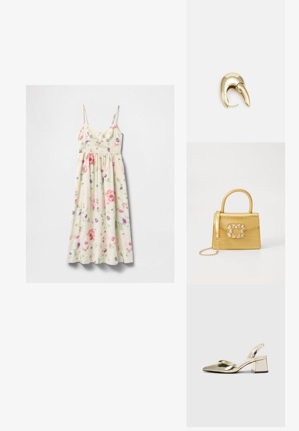 Krēmkrāsas bez piedurknēm midi kleita ar rozā, sarkanu, violetu un zaļu ziedu rakstu un plānām regulējamām plecu siksnām.; Zeltaini, metāla kurpes ar siksniņām, norakans purngalis un masīla papēdis. Gluda tekstūra, minimālisma dizains un šaura siksna.; Dzeltena mākslīgā krokodila roku soma ar strukturētu dizainu, augšējo rokturi, noņemamu ķēdes siksniņu un dekoratīvām kristāla rotājumiem aizdares daļā.; Zeltīti metāla auskari ar gludu, izliekta dizaina. Ar atšķirīgu smailu formu, pulētu virsmu un eņģu aizdari.