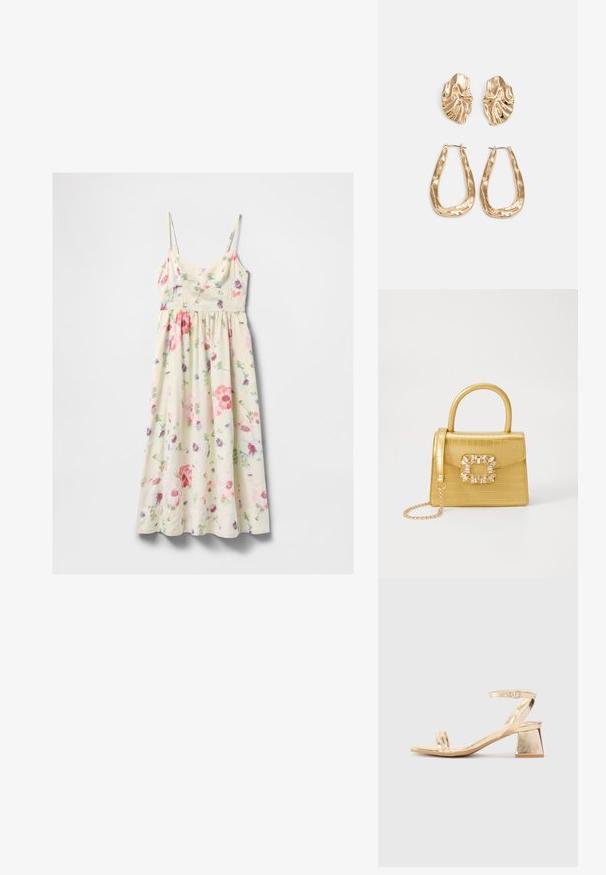 Vestido midi sem mangas em creme com padrão floral em rosa, vermelho, roxo e verde, e finas alças de ombro ajustáveis.; Sandalha metálica dourada com um salto em bloco angular, duas tiras sobre o pé e uma tira ajustável no tornozelo. Textura suave.; Bolsa amarela em pele de crocodilo falsa, com um design estruturado, pega no topo, alça de corrente removível e decoração de cristal no fecho.; Brincos em tom de ouro com formas onduladas e texturizadas. Inclui studs escultóricos com presilha e um design de argola aberta com um acabamento martelado.