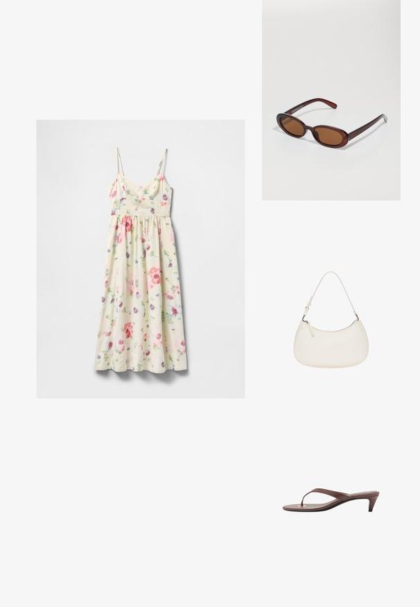 Kremna brezrokavnica midi obleka z rožnatim, rdečim, vijoličnim in zelenim cvetličnim potiskom ter tankimi nastavljivimi naramnicami.; Rjava natikača na peto s tankim trakom in zaobljenim prstom, ki ima majhen zlat poudarek na podplatu.; Okrogle, rjavo obarvane sončne naočare z sijočim burgundskim okvirjem. Tanek nosilec s subtilnim logotipom. Oblika leč je ravna.; Bela usnjena torbica z ukrivljeno obliko, nastavljivim pasom in zgornjim zadrgo zapiranjem. Gladka tekstura z minimalnimi kovinskimi detajli.