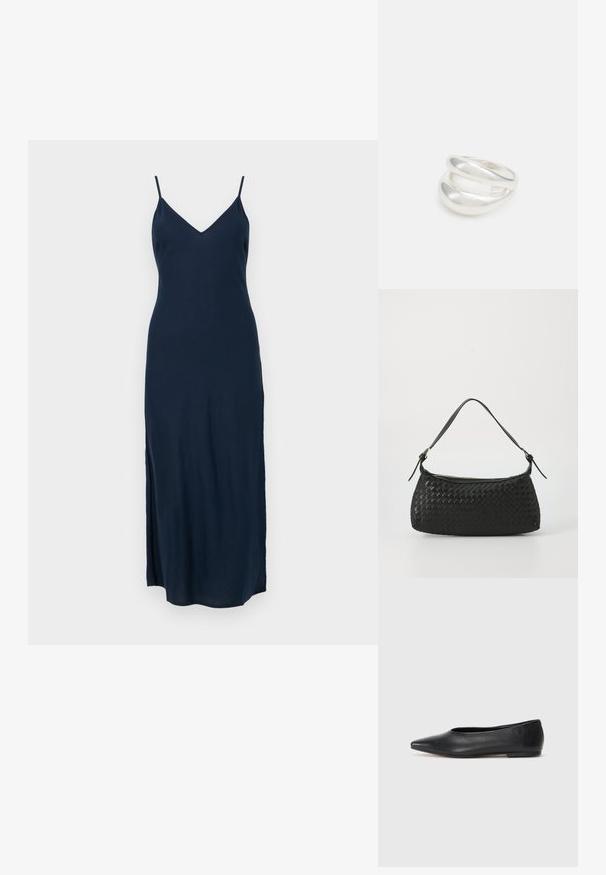 Laivansinis, hihaton maksimekko V-päällä, sivuhalkiolla ja sileällä pinnalla, suunniteltu istumaan tiukasti.; Musta nahkainen ballerinatyyppinen kenkä, terävä kärki, minimalinen muotoilu, sileä pinta, matala korko, ei näkyvää metalliosaa tai koristeita.; Mustan kudotun olkalaukun, jossa on sileä nahkahihna ja vetoketjukiinnitys. Mahdollistaa teksturoituneen pinnan ja kaarevan muodon.; Hopeinen kaksinkertainen rengas, jossa on sileä, kiillotettu pinta. Siinä on sulava, kaareva muotoilu, jossa on päällekkäisiä osia modernin ilmeen saavuttamiseksi.; Hopeinen kaksinkertainen rengas, jossa on sileä, kiillotettu pinta. Siinä on sulava, kaareva muotoilu, jossa on päällekkäisiä osia modernin ilmeen saavuttamiseksi.; Hopeinen kaksinkertainen rengas, jossa on sileä, kiillotettu pinta. Siinä on sulava, kaareva muotoilu, jossa on päällekkäisiä osia modernin ilmeen saavuttamiseksi.