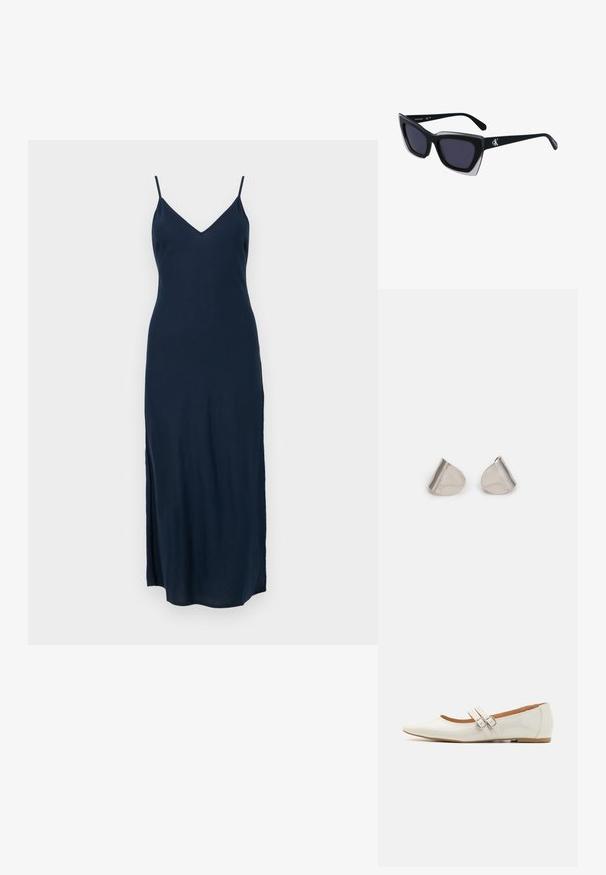 Marineblaue, ärmellose Maxikleid mit V-Ausschnitt, seitlichem Schlitz und glatter Textur, entworfen für eine figurschmeichelnde Silhouette.; Weiße Lacklederschuhe mit spitzem Zehen, zwei dekorativen Riemen mit silbernen Schnallen und einer dezenten braunen Sohle.; Schwarze übergroße Sonnenbrille mit geometrischer Form, ausgestattet mit dunklen Gläsern und einem kontrastierenden grauen Detail im Rahmen. Logo am Bügel.; Silberne Metalohrringe mit einer glatten, tröpfchenförmigen Form und einer polierten Oberfläche. Subtile Gravuren fügen Details hinzu. Minimalistisches Design.
