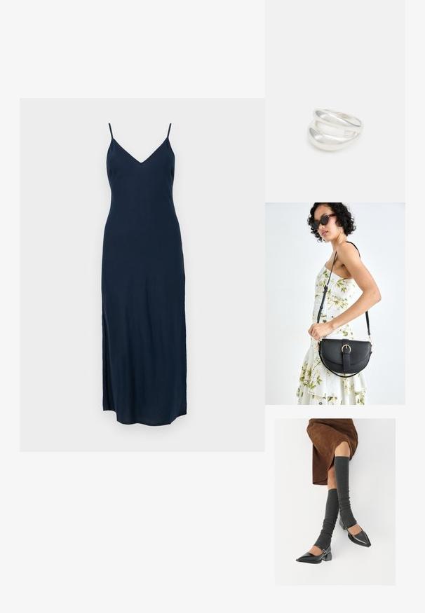 Tamsiai mėlynos spalvos, be rankovių maksi suknelė su V formos iškirpte, šoniniu įpjovimu ir lygiu paviršiumi, sukurta tam, kad būtų prigludusi.; Juodi lakuoti odiniai batai su aštriu kuma ir bloko kulnu, derinami su pilkais riebiais kojų šildytuvais ir rudais zomšiniais sijonais.; Juodas odinis krepšys su išlenkta forma, nuimamu dirželiu ir auksiniais detalėmis. Krepšys turi kilpą su sagtimi.; Sidabrinis dvigubas žiedas su lygiu, poliruotu paviršiumi. Pasižymi sklandžiu, kreiptu dizainu su persipinančiomis dalimis, suteikiančiomis modernų išvaizdą.