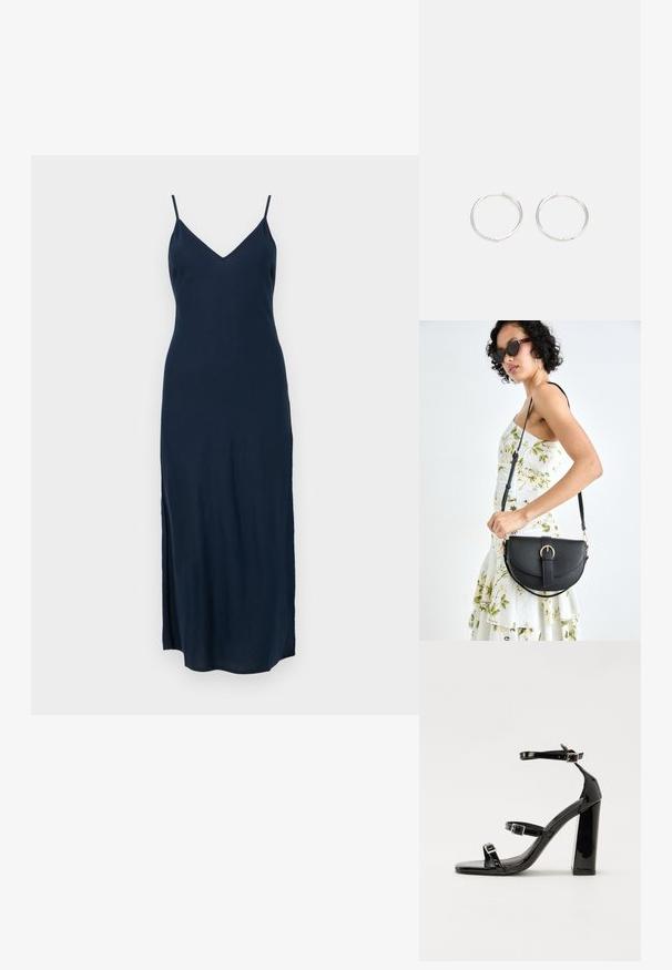 Mornarice plava, bez rukava maxi haljina s V-izrezom, bočnim prorezom i glatkom teksturom, dizajnirana za usku siluetu.; Crne lakirane sandale na pete sa kvadratnim nosom, trakama oko gležnja i srebrnim kopčama. Imaju čvrst blok petu za stabilnost.; Crna kožna torba s lukovitim oblikom, odvojivim remenom i zlatnim detaljima. Torba ima preklop s kopčom.; Srebrne okrugle naušnice jednostavnog dizajna, s glatkom površinom i bez vidljivih ukrasa. Promjer nije specificiran.