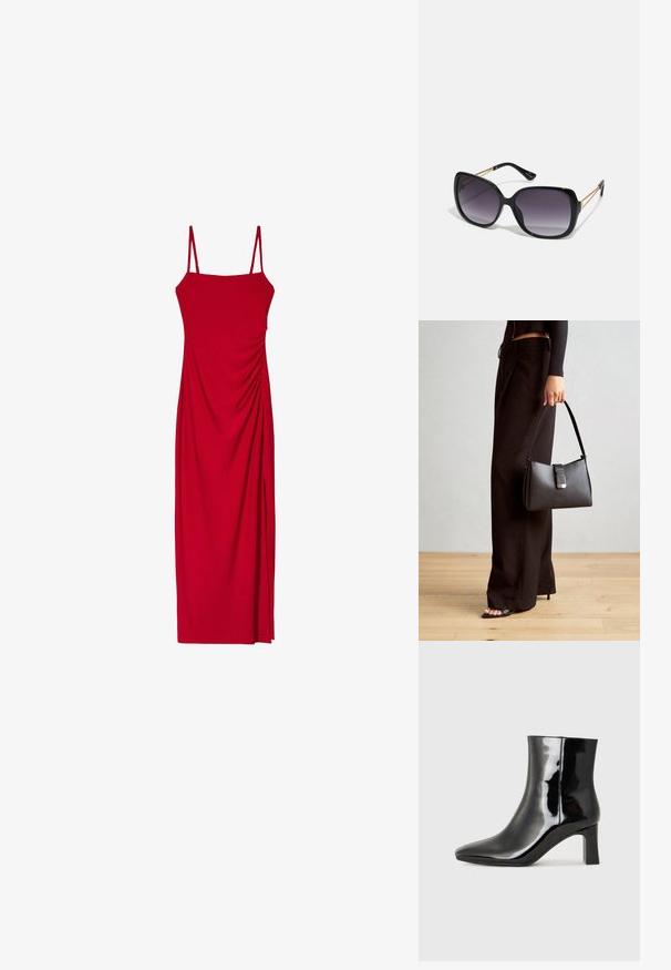Rochie roșie fără mâneci, cu bretele subțiri, având o siluetă ajustată și detalii drapate pe lateral pentru textură și interes vizual.; Botine negre din piele lacuită, cu vârful ascuțit și toc bloc de înălțime medie. Textură netedă și design minimalist.; Ochelari de soare negri, supradimensionați, cu lentile degradate, rame groase și detalii cu lanț de ton auriu pe brațele templului.; Genți negre cu o formă structurată, textură netedă și un închizător metalic. Asortată cu pantaloni negri largi și sandale cu vârf deschis pe un podea din lemn.; Colier din aur cu șapte pandantive în formă de inimă, în tonuri de aur și argint, unele netede și altele texturate, aranjate uniform.