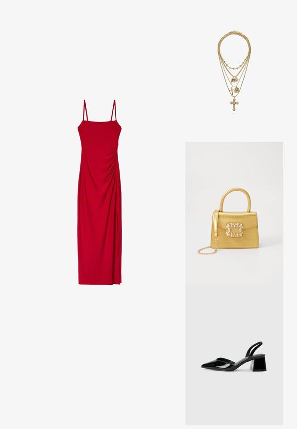 Červené šaty bez rukávov s tenkými ramienkami, ktoré majú priliehavý strih a drapériu na boku pre textúru a vizuálny záujem.; Čierne lakované kožené sandálové podpätky s špicatou špičkou a geometrickým blokovým podpätkom. Disponujú elegantným, minimalistickým dizajnom a hladkým povrchom.; Žltá falošná krokodília kabelka so štruktúrovaným dizajnom, horným držadlom, odnímateľným reťazovým popruhom a dekoratívnym kryštálovým ozdobením na zapínaní.; Zlatý viacvrstvový náhrdelník s rôznymi dĺžkami reťazí, dekoratívnymi pendantmi vrátane krížov a obdĺžnikových šarmov, s textúrovaným povrchom.