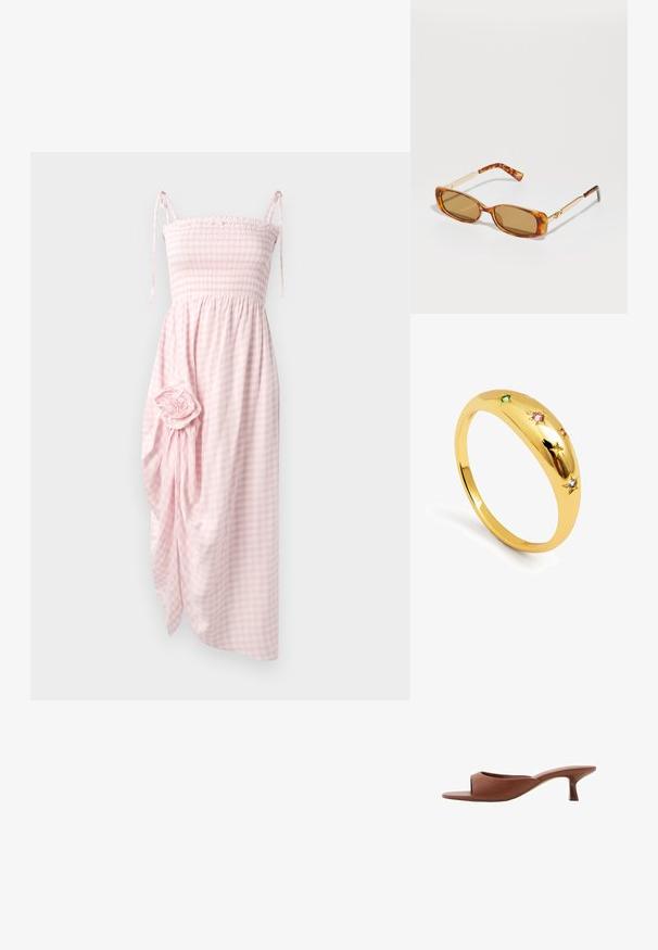 Różowa sukienka w kratkę z falbaną, z wiązanymi ramiączkami, do kolan, z drapowanym materiałem i kwiatowym akcentem z boku. Teksturowana tkanina.; Brązowe klapki na obcasie z odsłoniętymi palcami, o gładkim, matowym wykończeniu, z zakrzywionym kształtem i przezroczystym, zwężającym się obcasem.; Brązowe okulary przeciwsłoneczne w cętki z prostokątnymi oprawkami, złotymi metalowymi ramionami i jasnobrązowymi soczewkami. Elegancki design, bez widocznych logo.; Złoty pierścionek z gładką, zaokrągloną obrączką, ozdobiony pięcioma akcentami w kształcie gwiazd, z których każda jest zdobiona kolorowymi kamieniami szlachetnymi w odcieniach różu, zieleni i niebieskiego.