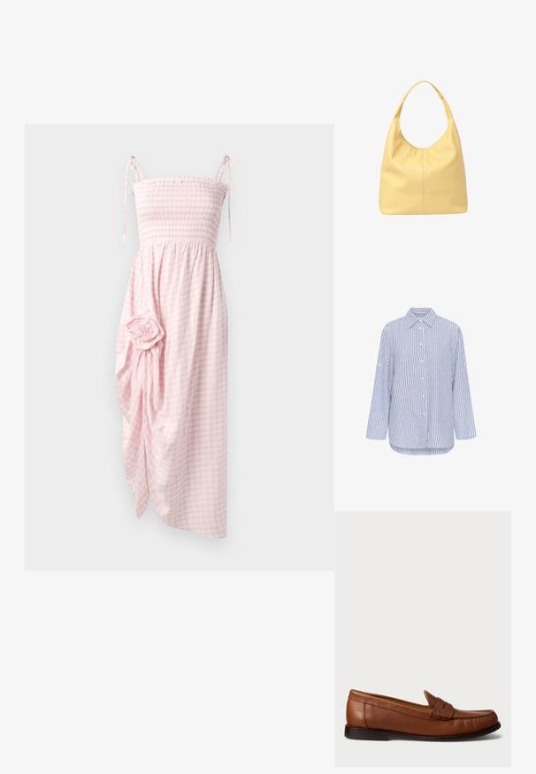Rochie roz în carouri cu umeri legati, de lungime până la genunchi, cu material drapat și un detaliu floral pe lateral. Tesătură texturată.; Cămiză bleumarin și alb cu dungi, cu guler, mâneci lungi și mansete rulate. Realizată dintr-un material ușor, cu o croială lejeră.; Polo Ralph Lauren Mocasini - dark brown; Geantă hobo galbenă din piele, cu un mâner curbat, textură moale și detalii subtile de cusătură pe față, oferind un design spațios.