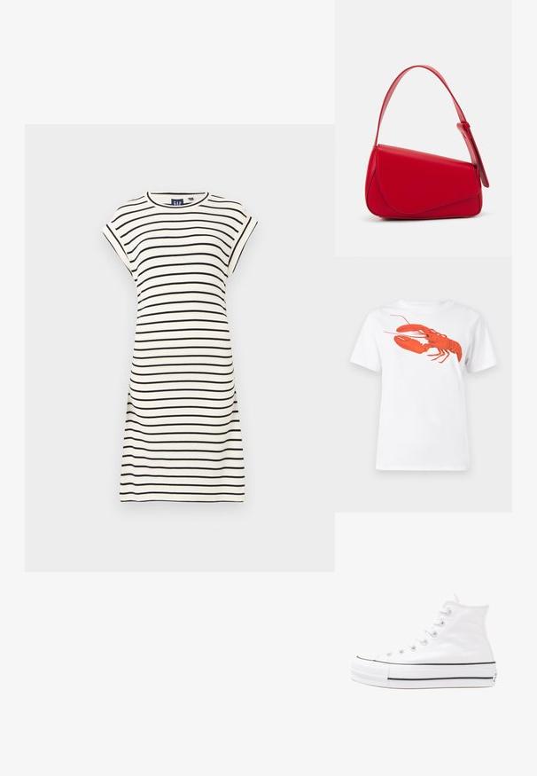 Šaty s krátkymi rukávmi a okrúhlym výstrihom v bielej farbe s čiernymi vodorovnými prúžkami. Bavlnený materiál, voľný strih, dĺžka po kolená. Jednoduché švy.; Biely bavlnený tričko s veľkým, jasne červeným grafickým zobrazením homára na prednej strane. Krátke rukávy a štandardný dizajn s okrúhlym výstrihom.; Biele vysoké plátené tenisky s čiernou gumovou podošvou, prednou gumovou špičkou a šiestimi okami na šnúrky, s čistým, minimalistickým dizajnom.; Červená kožená kabelka s ostrým, geometrickým dizajnom. Má jeden nastaviteľný popruh a uzatváranie na klopu so šitím.