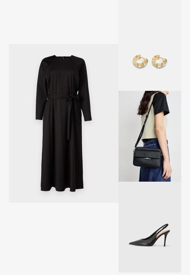 Černé šaty s dlouhým rukávem vyrobené z hladké tkaniny, s kulatým výstřihem, zúženým pasem s páskem a splývavou sukní.; Černá kožená slingback lodička na vysokém podpatku s špičatou špičkou, hladkým povrchem a jemným páskem se metalickou sponou.; Calvin Klein LINEAR CAMERA BAG - Taška s příčným popruhem - black; Zlaté kruhové náušnice s texturovaným designem a třemi jasnými krystalovými akcenty na jedné straně, které nabízejí moderní geometrickou estetiku.