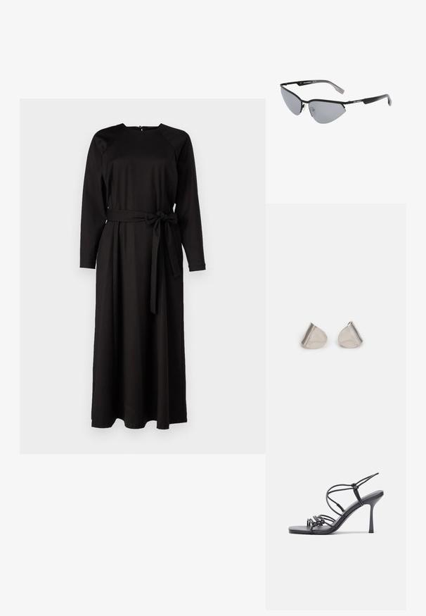 Must kuldakarast pikkade varrukatega kleit siledast kangast, ümmarguse kaelusega, vööga rõhutatud taljega ja voolava seelikuga.; Mustad musta värvi kontsandaalid on varustatud peente rihmadega, millel on sõlmekujundus, siledad ruudukujulised varbad ja stiilne stilettokonts.; Mustad musta värvi päikeseprillid nurkse, kassisilma disainiga. Hõbedased peegeldavad läätsed. Ülimalt kerged plastikraamid, millel on templites peen bränding.; Hõbedased metallkõrvarõngad sujuva pisarakuju ja poleeritud viimistlusega. Diskreetne graveering lisab detaile. Minimalistlik disain.
