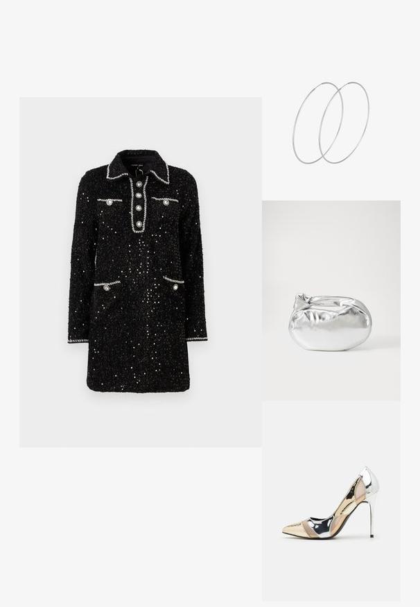 Černé flitrové šaty s límečkem, zapínáním na pět knoflíků a dvěma kapsami, se stříbrným lemem a kulatými ozdobami.; Lodička s špičatou špičkou a kombinací stříbrné, zlaté a tělové barvy. Lesklý povrch s vykrojeným designem, s jehlovým podpatkem.; Stříbrná kovová taška s měkkým, zaobleným tvarem a uzávěrem s uzlem. Vyrobena z hladké umělé kůže.; Stříbrné kruhové náušnice s minimalistickým designem. Kruh, hladký povrch a tenký profil. Lehká konstrukce s lesklým povrchem.