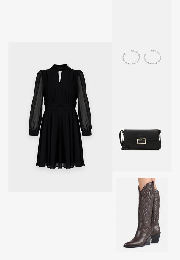 Čierne šaty s dlhými priesvitnými rukávmi, vysokým výstrihom, detailom v tvare kľúčovej diery, zdobeným pásom a splývavou sukňou, vyrobené z mäkkej, ľahkej látky.; Hnedé kožené kovbojské topánky s špicatou špičkou a blokovým podrážkou, so zložitým prešívaním a vyvýšenými akcentmi na puzdre.; Čierna kožená clutch taška s klopou a zlatým kovovým detailom s prackou. Obsahuje čierny remienok a elegantný, minimalistický dizajn.; Strieborné kruhové náušnice s prúteným dizajnom, s lešteným povrchom a zapínaním na kolíček. Majú priemer približne 3 cm.