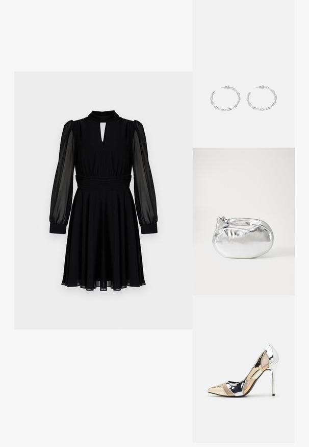 Robe noire avec de longues manches transparentes, col montant, détail en trou de serrure, taille froncée et jupe fluide, confectionnée en tissu doux et léger.; Chaussure à talon aiguille à bout pointu avec un schema de couleurs argent, or et nude. Fini brillant avec un design découpé, dotée d'un talon stiletto.; Pochette en métal argenté avec une forme douce et arrondie et un fermoir en haut noué. Fabriquée en simili cuir lisse.; Boucles d'oreilles en argent en forme de créoles avec un design torsadé, dotées d'une finition polie et d'une fermeture à poussoir. Mesurent environ 3 cm de diamètre.