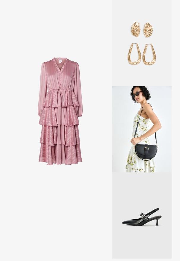 Vestuário longo rosa com decote em V, gola com babados, fecho de botão, design em camadas e listras verticais, tudo feito de um material leve.; Saltos slingback em verniz preto com bico pontiagudo e um pequeno salto bloco, apresentando um detalhe de fivela prateada na tira.; Bolsa de couro preta com forma curva, alça destacável e detalhes em dourado. A bolsa possui uma aba com detalhe de fivela.; Brincos em tom de ouro com formas onduladas e texturizadas. Inclui studs escultóricos com presilha e um design de argola aberta com um acabamento martelado.