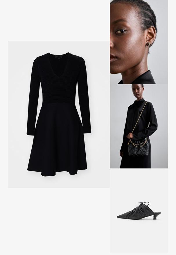 Črna obleka z rebrastim bodijem dolgimi rokavi, globokim V-izrezom in razširjenim krilom. Narejena iz gladkega, mehkega materiala. Preprost dizajn.; Črne usnjene sprednje mule s koničastim nosom, zgrčenim teksturiranim dizajnom in majhno mačjo peto. Imajo detajl s vezalko na odprtju.; Črna prešita usnjena torbica z nabranim vrhom, zlatim verižnim naramnikom in pravokotno obliko, držana na enolični podlagi.; Zlati cvetni uhani s teksturiranim črnim središčem in nežnimi detajli. Omenjen model ima jasno kožo in spletene lase, kar je vidno v profilu.