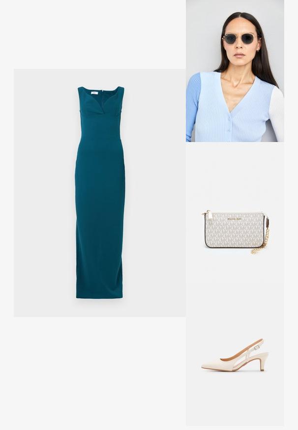 Tyrkysové, podlahová dĺžka šaty s priliehavým strihom, hlbokým výstrihom a širokými ramienkami; hladká látka so zipsom na zadnej strane.; Biele slingback topánky na podpätku s ostrou špičkou, hladkým vrchným materiálom, nízkym blokovým podpätkom a bočným výrezom s nastaviteľným remienkom na pracku.; Okrúhle slnečné okuliare s tmavými šošovkami a zlatým rámom. Modelka má na sebe svetlomodrý pletený kardigán s gombíkmi a bielymi rukávmi v kontraste.; Michael Kors zápästná taška v béžovej potiahnutej plátenej tkanine s opakujúcim sa vzorom loga MK, zlatým kovania a odnímateľným reťazovým popruhom.
