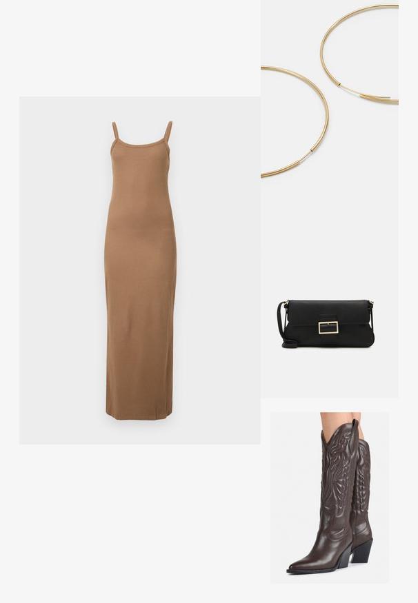Brun ribbade maxiklänning med tunna axelband, figurnära design och en slät yta. Har en rak fåll vid ankeln.; Bruna lädercowboystövlar med spetsig tå och klossklack, med detaljerad sömnad och upphöjda accenter på skaftet.; Svart läderkuvertväska med en klaff och detalj i guldmetallspänne. Innehåller en svart rem och en elegant, minimalistisk design.; Guldiga hoopsörhängen, tunna och runda i formen, med en slät metallisk finish utan utsmyckningar eller mönster.