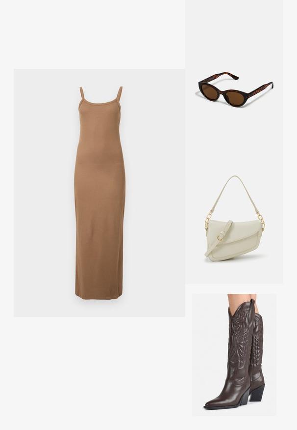 Hnedé rebrované maxi šaty s tenkými ramienkami, priliehavý strih a hladká textúra. Majú rovný lem pri členku.; Hnedé kožené kovbojské topánky s špicatou špičkou a blokovým podrážkou, so zložitým prešívaním a vyvýšenými akcentmi na puzdre.; Hnedé slnečné okuliare v štýle tortoiseshell s vintage cat-eye tvarom a hnedými sklami. Majú zakrivené ramienka s červenými akcentmi.; Malá krémová kabelka s textúrovaným povrchom, dlhým nastaviteľným popruhom, reťazovým detailom a klopovým uzáverom. Zlaté kovové prvky.; Zlaté kruhové náušnice s hladkým, lesklým povrchom. Cirkulárny dizajn s malým steblom a jasným záznamom pre bezpečné nosenie.