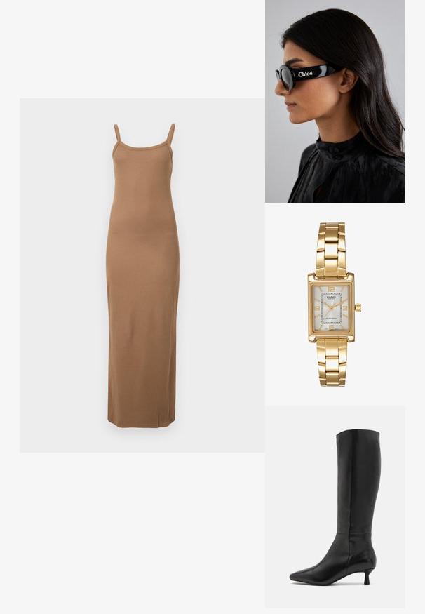 Pruun soonikkudega maksikleit, vormi rõhutanud disainiga ja siledast kangast. Omab sirget allääret pahkluul.; Zign Saapad - black; Mustad mustad prillid ümmarguste läätsede ja julgete, nurksed raamiga, millel on küljepeal valgena kirjas bränd "Chloé". Sile, läikiv viimistlus.; Kuldtooni ristkülikukujuline käekell valge puidust näidikuga, hõbedaste tundide markeritega ja vastupidava metallist link-ribaga. Veekindel omadus on kaasas.