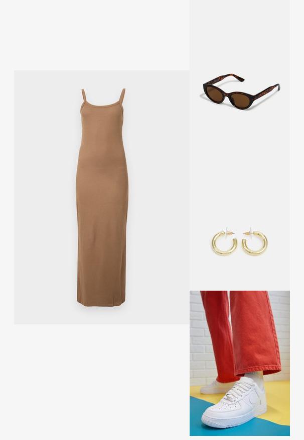 Ruda juostelėmis maxi suknelė su plonomis petnešėlėmis, prigludęs dizainas ir lygus paviršius. Yra tiesus apatinis kraštas iki kulkšnies.; Baltos odinės kedų sportbačiai su perforuotu pirštu, tekstūruota pado dalimi ir baltais raišteliais, derinami su plačiomis raudonomis kelnėmis ir mėlynos bei geltonos spalvų fono kompozicija.; Rudos tortoiseshell saulės akinius su vintage katės akies forma ir rudais objektyvais. Ypatybės - lenkti petnešos su raudonomis akcentais.; Aukso auskarai su lygiu, blizgiu paviršiumi. Apvalus dizainas su maža užrakto dalimi ir skaidria atrama saugiam nešiojimui.