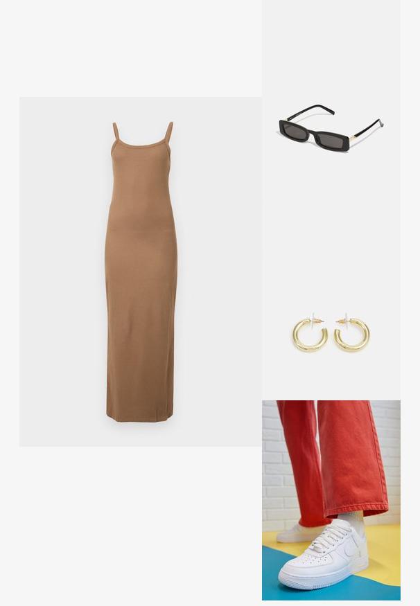 Hnedé rebrované maxi šaty s tenkými ramienkami, priliehavý strih a hladká textúra. Majú rovný lem pri členku.; Biele kožené tenisky s perforovanou špičkou, textúrovanou podrážkou a bielymi šnúrkami, spárované so širokými červenými nohavicami na modrom a žltom pozadí.; Čierne obdĺžnikové slnečné okuliare s tmavými šošovkami, lesklými plastovými rámami a zlatými akcentmi na spánkoch. Minimalistický dizajn a štíhly tvar.; Zlaté kruhové náušnice s hladkým, lesklým povrchom. Cirkulárny dizajn s malým steblom a jasným záznamom pre bezpečné nosenie.