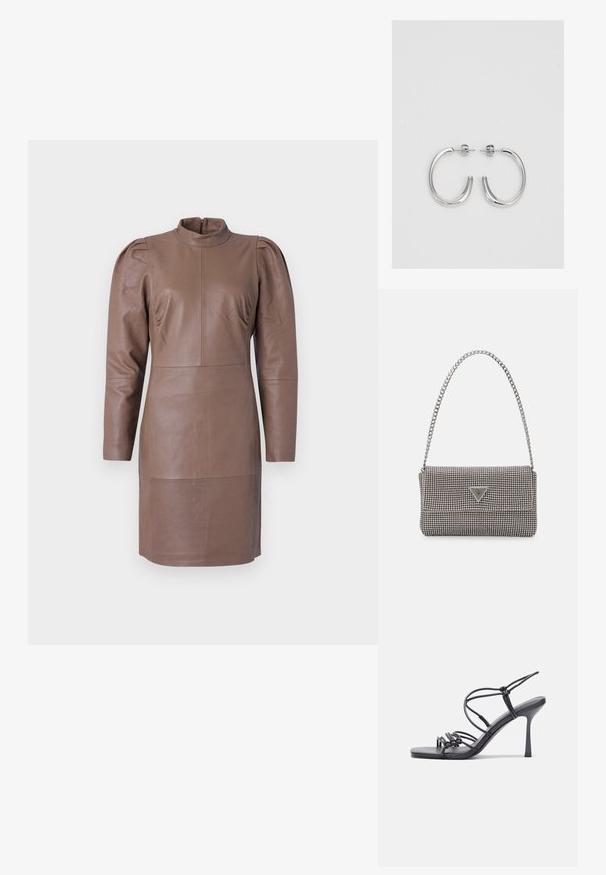 Pruunist nahast kleit pikkade varrukatega, kõrge kaelusega, puffsoontega õlgade ja õmblusdetailidega. Sile tekstuur, põlveni ulatuv lõige.; Mustad musta värvi kontsandaalid on varustatud peente rihmadega, millel on sõlmekujundus, siledad ruudukujulised varbad ja stiilne stilettokonts.; Helehall metallik handbags, millel on kett, kaunistatud väikeste ümmarguste metallist õmblustega ja kolmnurkse brändi logoga.; Hõbedased rõngaskõrvarõngad, millel on sile ja läikiv pind. Ümar kuju, kerge disain, millel on post-tagumise kinnituse süsteem.