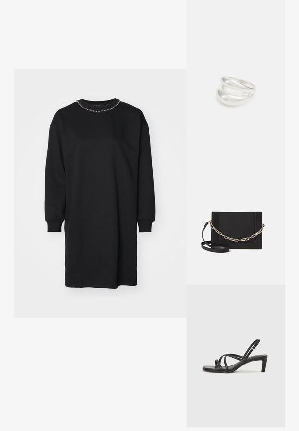Vestido sudadera negro con mangas largas, escote redondeado adornado con cuentas decorativas, confeccionado en una suave tela texturizada.; Sandalia negra de tiras con punta cuadrada y tacón bajo de bloque. Presenta múltiples tiras delgadas y una correa ajustable en el tobillo. Fabricada en cuero suave.; Bolso cruzado de piel negra con textura suave, forma rectangular y un detalle de cadena metálica en el frente. Incluye una correa ajustable.; Anillo de plata de doble banda con una superficie lisa y pulida. Presenta un diseño fluido y curvado con secciones superpuestas para un aspecto moderno.