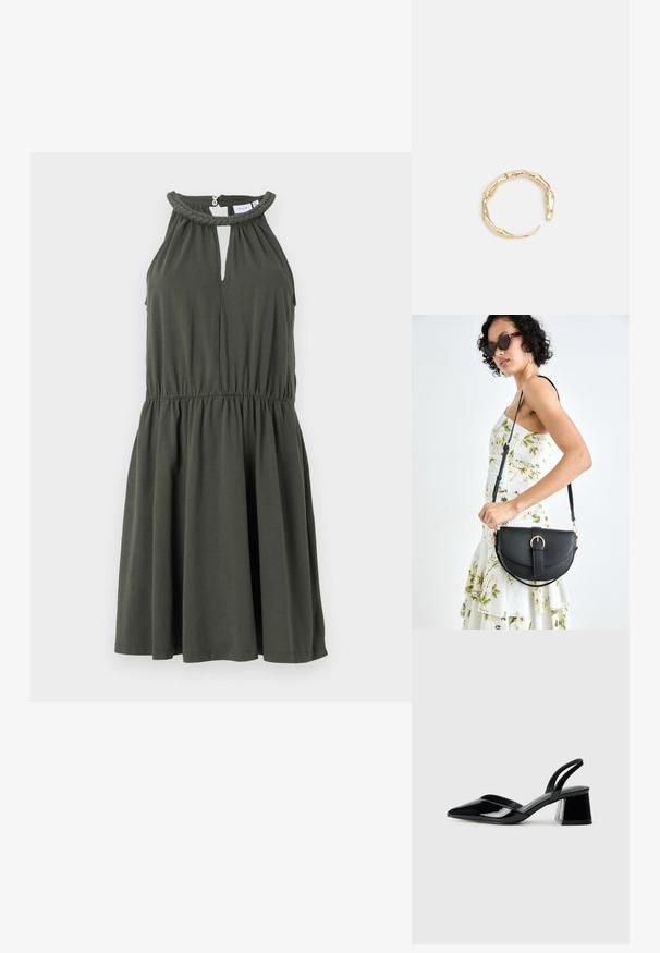 Olivza zaļa bez piedurknēm kleita ar atslēgvienošanas dekoltē, pītām apkaklēm un elastīgu jostu, ar izbīdītu svārku un mīkstu, gludu tekstūru.; Melna lakota āda ar atvērto papēdi, ar smailu purngalu un ģeometrisku blokpapēdi. Iezīmējas elegants, minimāls dizains un gluda tekstūra.; Melnas ādas rokassoma ar izliekta formu, noņemamu siksnu un zelta aksesuāriem. Somai ir vāciņš ar sprādzes detaļu.; Zelta toņa gredzens ar organisku, vērptu dizainu, gludu virsmu un sašaurinātiem galiem, radot mūsdienīgu, skulpturālu izskatu.