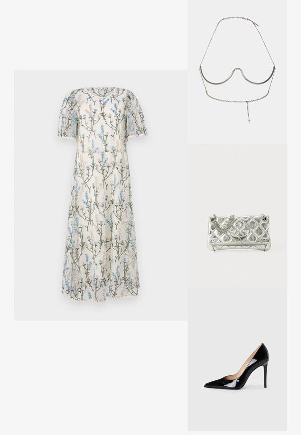 Prozirna bijela haljina s cvjetnim uzorkom u plavim i bež tonovima, kratkim napuhanim rukavima i A-linijom. Dekorativna veza kroz cijelu haljinu.; Crne lakirane kožne štikle s dizajnom ušiljenog nosa i elegantnom siluetom. Imaju glatku, sjajnu završnu obradu i vitak stiletto potplat.; Srebrna metalik torba s lancem za nošenje, kviltana tekstura, dekorativni šavovi i zatvaranje na patentni zatvarač. Sadrži reljefne naglaske na prednjoj strani.; Cult Gaia ASHA BODY JEWELRY - Ostali dodaci - bright shiny silver-coloured