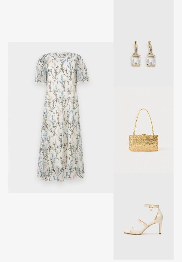 Áttetsző fehér ruha, kék és bézs virágmintával, rövid puffos ujjakkal és A-vonalú fazonnal. Díszes hímzés az egész ruhán.; Beige magassarkú szandál vékony bokapánttal és két felső pánttal. Fényes lakk felület és arany hardware részlet a bokapánton.; Arany flitteres clutch táska, téglalap alakú, csavart lánckarabinerekkel és fém záródással, mely fényt tükröz a textúrált felületének köszönhetően.; Aranyszínű fülbevalók, melyek egy téglalap alakú, tiszta kristállyal díszítették, ami egy sor kis, kerek, tiszta kiegészítő alatt lóg. Letisztult, modern dizájn.