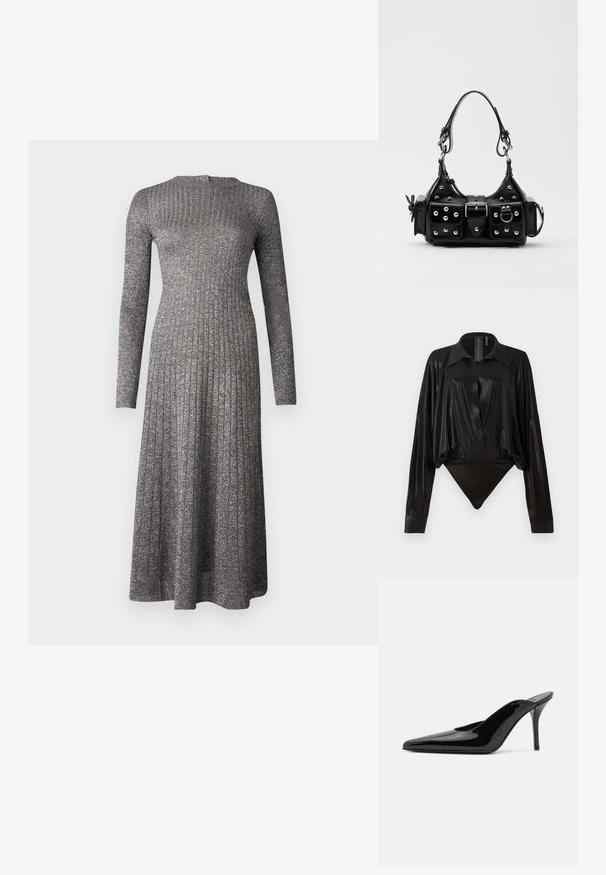 Pitkähihainen, ribatettu mekko hopeanharmaasta kankaasta, jossa on istuva yläosa ja liehuva hame, pyöreä pääntie ja hienovarainen kiilto.; Musta catsuit pitkillä hihoilla, V-pääntiellä ja tiukalla siluetilla. Valmistettu kiiltävästä, sileästä kankaasta, jossa on jämäkkä kaulus ja hihansuut.; Mustat patentoidut korkeakorkoiset mulesandaalit, joissa on terävä kärki ja sulavalinjainen siluetti. Kenkäparissa on avonainen takaosa ja hoikka stiletto-korko.; Musta nahkainen käsilaukku, jossa on kaareva muotoilu, hopeiset niitit, solki ja kaksi sivutaskua. Säädettävä olkahihna erilaisiin kantovaihtoehtoihin.