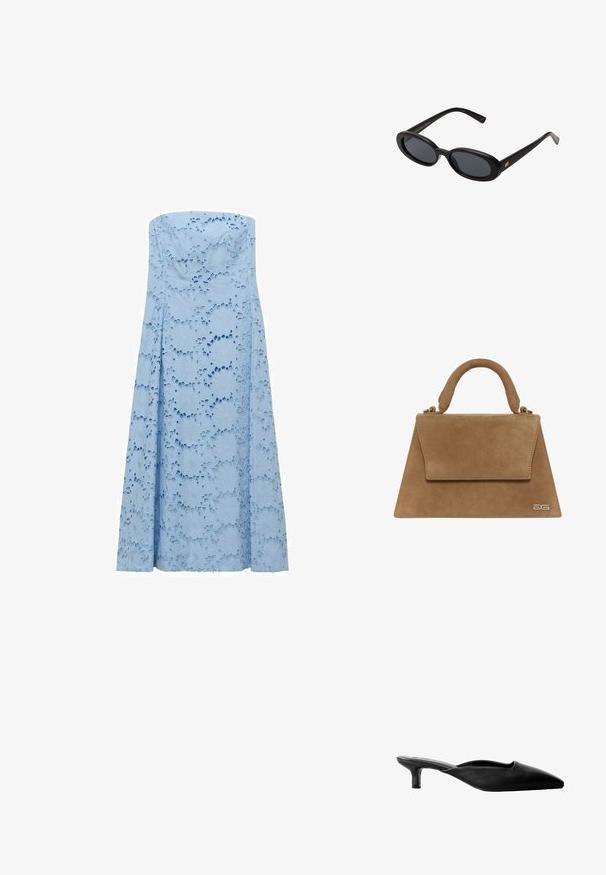 Svetlomodré bezramienkové šaty z textúrovanej látky s kvetinovými výrezmi, plynulý dizajn siahajúci až na zem. Žiadne viditeľné zapínanie.; Čierne kožené muly na podpätku s špicatou špičkou, otvorenou zadnou časťou a nízkym blokovým podpätkom. Hladká textura s minimalistickým dizajnom.; Čierne oversized slnečné okuliare s oválnymi šošovkami, hladkým plastovým rámom a zlatými akcentmi na straniciach. Tmavé šošovky poskytujú ochranu pred slnkom.; Hnedá semišová kabelka so štruktúrovaným trojuholníkovým tvarom, hornou rúčkou a uzáverom na klopu. Disponuje jemným logom na boku.