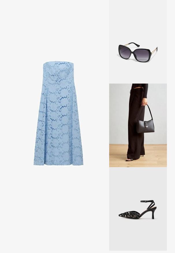 Světle modré šaty bez ramínek vyrobené z texturované látky s květinovými výřezovými vzory, plynulý design sahající až na zem. Žádné viditelné zapínání.; Černé lodičky na středním podpatku s špičatou špičkou, zdobené černými a stříbrnými flitry, s tenkým páskem kolem kotníku a s přezkou.; Černé oversized sluneční brýle se gradientními skly, silnými rámy a zlatými řetízkovými detaily na nožičkách.; Černá kabelka se strukturovaným tvarem, hladkým povrchem a kovovým uzávěrem. Kombinována s širokými černými kalhotami a sandály s otevřenou špičkou na dřevěné podlaze.