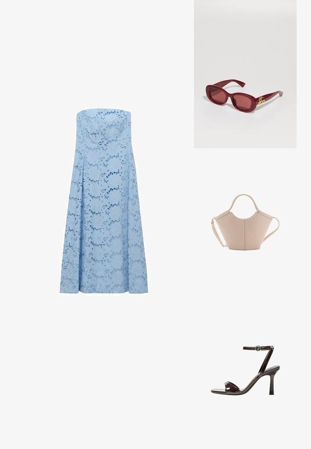 Svetlomodré bezramienkové šaty z textúrovanej látky s kvetinovými výrezmi, plynulý dizajn siahajúci až na zem. Žiadne viditeľné zapínanie.; Hnedé lakované sandále na vysokom opätku s remienkom okolo členka, otvorenou špičkou a elegantným, minimalistickým dizajnom. Obsahujú štvorcovú pätu.; Červené plastové slnečné okuliare s obdĺžnikovým rámom, tónovanými sklami a zlatým logom na stranách. Hladký, lesklý povrch.; Béžová kožená kabelka s unikátnym tvarom, vybavená dvoma krátkymi uchami a jedným dlhým nastaviteľným popruhom. Hladký povrch s minimálnym kovovým príslušenstvom.