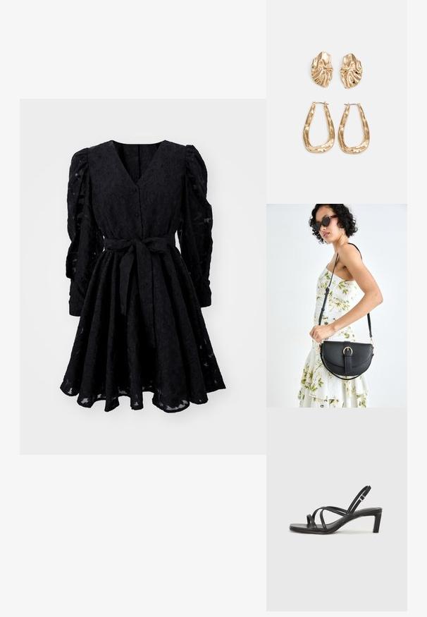 Mustassa pitsimekossa on V-mallinen kaula-aukko, puffatut hihat ja solmittava vyötärö. Helma on liehuva ja siinä on rakenteellinen kukkakuosi. Edessä nappikiinnitys.; Mustat hihnalligat, joissa on neliön muotoinen kärki ja matala lohkokorko. Ominaisuuksiin kuuluu useita ohuita hihnoja ja säädettävä nilkkahihna. Valmistettu sileästä nahasta.; Musta nahkainen käsilaukku, joka on kaareva muotoilultaan, irrotettavalla hihnalla ja kultaisilla yksityiskohdilla. Laukussa on läppä, jossa on solk yksityiskohta.; Korukultainen korvakorut, joissa on teksturoituja, aaltoilevia muotoja. Mukana on veistokselliset klipsikorvakorut ja avoin rengasmalli, jossa on vasaroitu pinta.