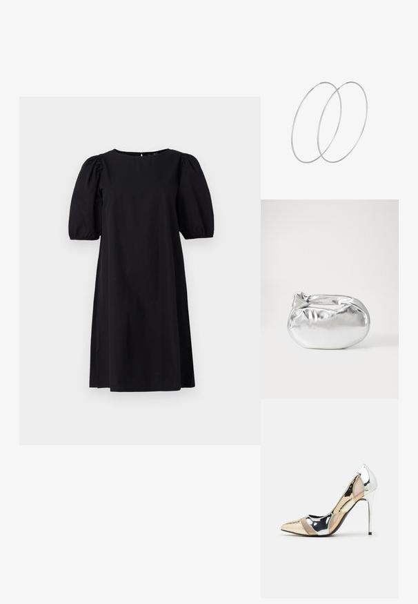Črna, obleka do kolen iz mešanice bombaža. Ima naborke na rokavih in okroglo izrez. Minimalističen dizajn brez vidnih vzorcev ali okrasnih elementov.; Čevlji z visoko peto in konico, v barvni kombinaciji srebrne, zlate in nude. Sijajna obdelava z izrezljanim dizajnom, z igličasto peto.; Srebrna kovinska torbica z mehko, zaobljeno obliko in zavezano zgornjo zaporo. Narejena iz gladkega umetnega usnja.; Srebrne uhane v obliki obroča z minimalističnim dizajnom. Krožna oblika, gladka tekstura in tanek profil. Lahki s poliranim zaključkom.