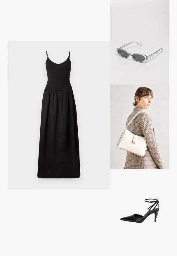 Fekete maxi ruha vékony, állítható pántokkal, testhez simító felsőrésszel, ráncolt derékkal és sima anyaggal, amely a padlóig ér, egyszerű sziluettel.; Fekete, hegyes orrú magassarkú cipő, amelynél kivágásos dizájn és állítható bokapánt található. A cipő sima, fényes felülettel és karcsú sarokkal rendelkezik.; Ovális formájú napszemüveg, átlátszó műanyag keret, sötétszürke lencsék és vékony, átlátszó szárak, logóakkcentussal és minimális díszítéssel.; Fehér bőr táska strukturált dizájnnal, mágneses záródással és vállpánttal, semleges háttér előtt bemutatva.