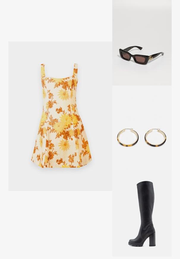 Virágmintás, könnyű anyagból készült ruha, sárga és narancssárga virágmintával, négyzet alakú nyakkivágással és A-vonalú sziluettel, rövid pántokkal.; Fekete, térdig érő csizma, sima bőrből készült, vastag sarkú, kerek orrú, tapadóval ellátott, textúrált talppal, letisztult dizájn, díszítések nélkül.; Fekete teknőctoll mintás napszemüveg téglalap alakú lencsékkel, barna színű árnyékolással, vastag kerettel és arany kettős G logó díszítéssel a szárakon.; Arany tónusú karika fülbevalók teknősbékalábas mintázatú gyantaszegéllyel, sima felülettel és elegáns, kör alakú formával.