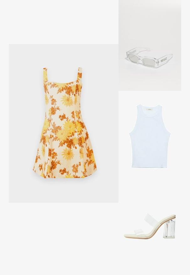 Cvečnične obleke iz lahkega materiala, z rumenim in oranžnim cvetličnim vzorcem, kvadratnim izrezom in A-linijo s kratkimi naramnicami.; Bela majica bez rukavov, rebrasta tekstura, okrugli izrez, kroj koji prati tijelo, suptilno brendiranje na etiketi unutar ovratnika.; Sandelice s prozornimi petami, ki imajo prozorne trakove, bež podplat in masiven prozoren blokasti pet. Elegantna in gladka zasnova z minimalističnim estetskim pristopom.; Prozorne plastične sončne očala s sivočrnimi lečami, pravokotne oblike, z vdrtim logotipom "Versace" na šipah, ki predstavljajo sodoben dizajn.